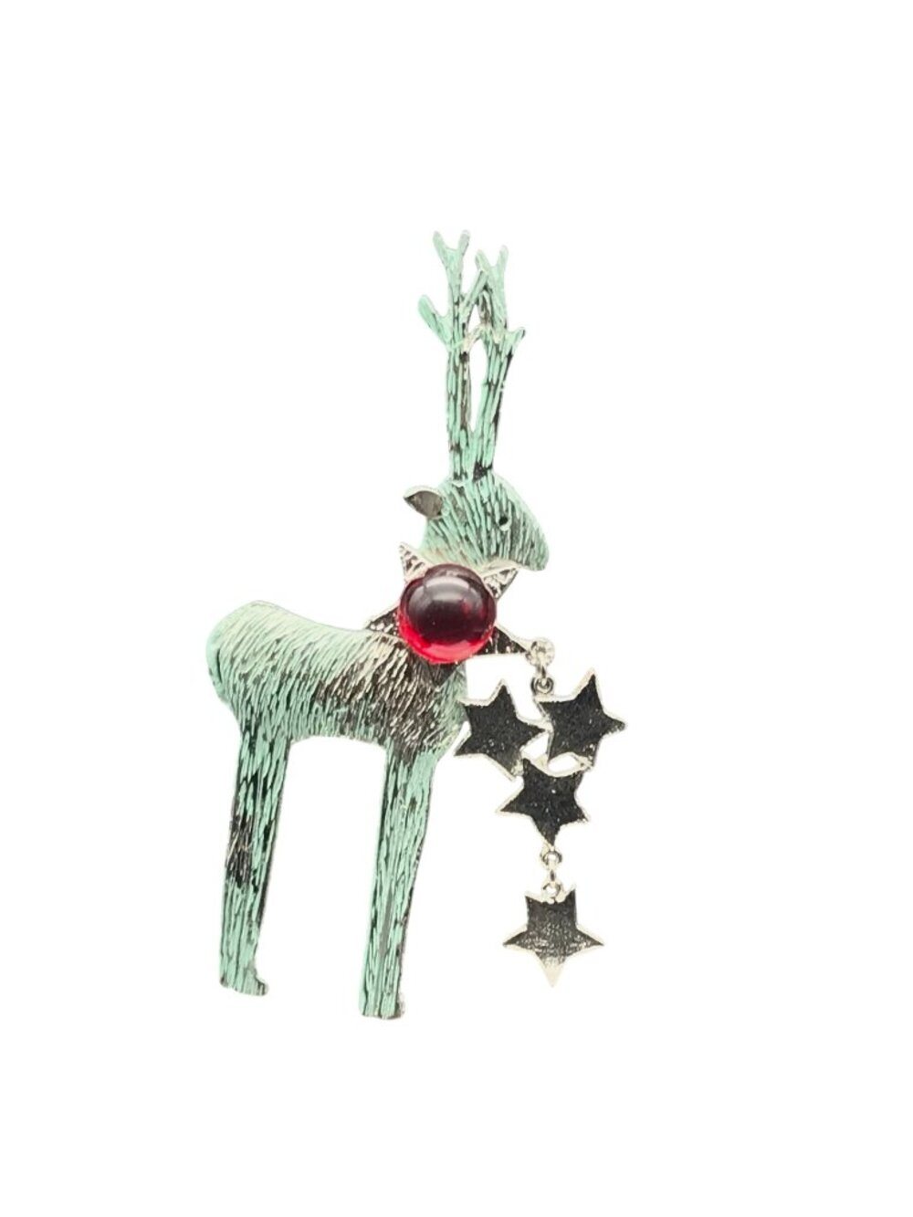 Vintage Large Ultracraft Reindeer Brooch, Silver Tone with Pale Green Wash, Star